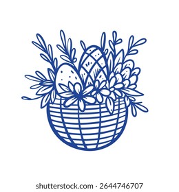 Uma ilustração encantadora de uma cesta maravilhosamente decorada cheia de ovos de Páscoa coloridos e elementos florais