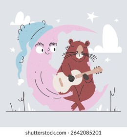 A charming illustration of a beaver playing a guitar while sitting on a crescent moon, with a sleeping moon face wearing a nightcap. Starry night scene, adorable and whimsical.