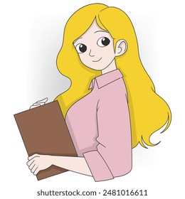 Una encantadora ilustración de una mujer rubia con el pelo largo, sonriendo y sosteniendo una carpeta marrón.