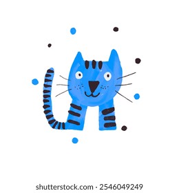 A charming illustration of a blue cat with stripes on its tail and body, surrounded by colorful dots. Suitable for children's books, cards and educational materials.