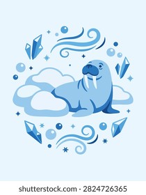 A charming illustration of a blue walrus resting on soft clouds, surrounded by ice crystals, bubbles, and swirling wind patterns.