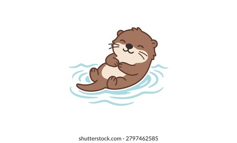 A charming illustration of a brown otter with a happy expression floating on its back with its paws tucked in