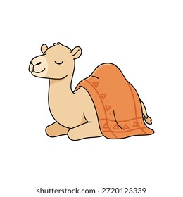Ilustração encantadora de um camelo deitado, coberto por um cobertor estampado, com os olhos fechados.