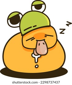 Charming illustration captures the innocence and playfulness of a cute little duckling as it takes a nap while wearing a small green hat resembling a frog, creating a whimsical and delightful scene.