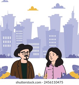 A charming illustration captures a man and woman engaging in friendly conversation, with a stylized city skyline and whimsical clouds in the background.

