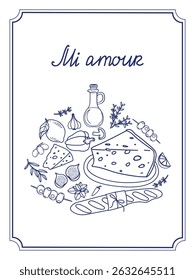 A charming illustration capturing the essence of French cuisine featuring cheese, herbs, and various ingredients. The design evokes a classic culinary experience.