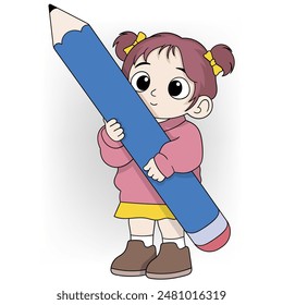 Una encantadora ilustración de una niña de dibujos animados con el pelo castaño en coletas, sosteniendo un lápiz azul gigante.