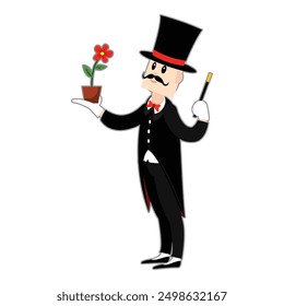 Charming illustration of a cartoon magician holding a flower pot, showcasing classic entertainment