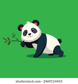 Encantadora ilustración de un panda de dibujos animados sosteniendo una rama de bambú sobre un fondo verde