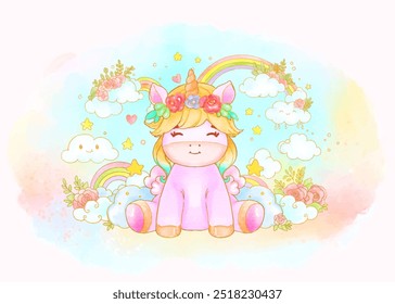 Una encantadora ilustración de un unicornio de dibujos animados con una melena de arco iris, rodeado de nubes, estrellas y flores en tonos pastel suaves. Perfecto para el arte de los niños y temas de fantasía.