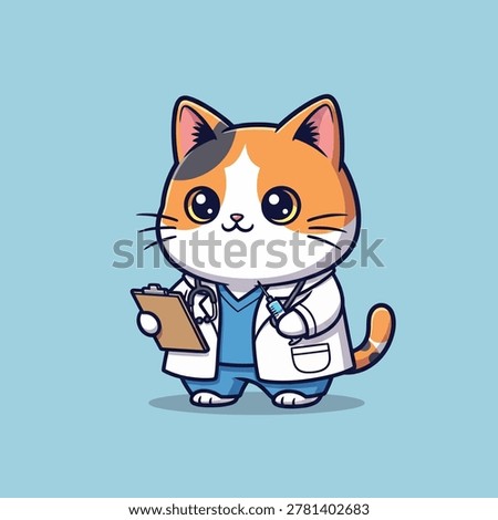 A charming illustration of a cat dressed as a doctor, holding a clipboard and a syringe, ready to provide care.