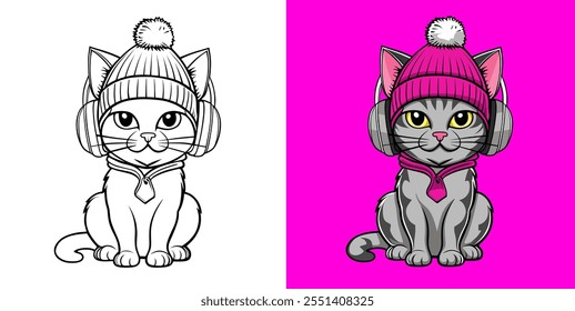 Ilustração encantadora de um gato usando um gorro e fones de ouvido, exibidos em ambas as cores e preto e branco. Perfeito para projetos infantis ou projetos temáticos de música, enfatizando a criatividade e a diversão.