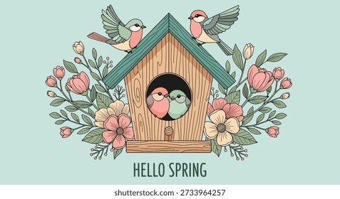 Eine charmante Illustration, die den Frühling feiert, mit einem Vogelhaus mit zwei Vögeln im Inneren, umgeben von bunten Blüten und zwei Vögeln auf dem Dach.