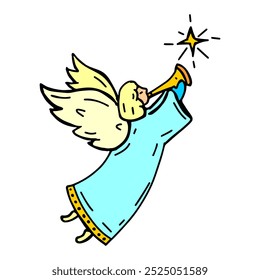 
A charming illustration of a celestial angel with golden wings, playing a trumpet and surrounded by a glowing star, dressed in a blue robe, symbolizing divine announcement and spiritual celebration