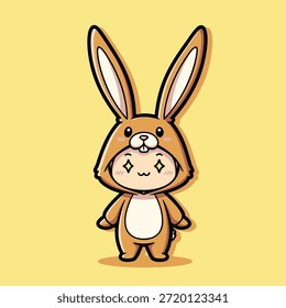 Uma ilustração encantadora de um personagem chibi vestido com um traje de coelho fofo, com orelhas grandes e uma expressão amigável.