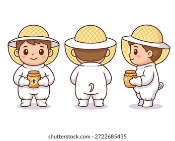 Eine charmante Illustration eines Kindes, das als Imker verkleidet ist und von vorne, hinten und von der Seite einen Blick mit einem Glas Honig zeigt.