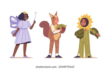 Charming Illustration Of Children Dressed In Carnival Costumes Featuring A Magical Fairy Princess With Wings, Cute Squirrel With A Nut, And A Cheerful Sunflower Face, Sparking Imagination And Joy