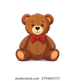 A charming illustration of a classic brown teddy bear wearing a vibrant red bow tie sitting down isolated on a white background