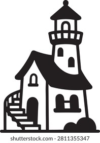 Charming illustration of a coastal lighthouse keeper's cottage with an attached beacon tower and spiral stairs.
