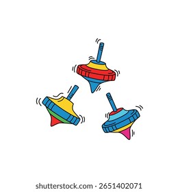 Ilustração encantadora de tops coloridos girando em movimento, evocando uma sensação de nostalgia e brincadeira. Ideal para projetos relacionados à infância, lazer e entretenimento.