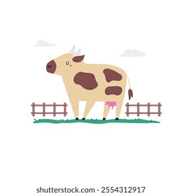 Charming Illustration of a Cow Standing by a Farm Fence.