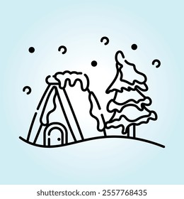 A charming illustration of a cozy snow-covered cabin nestled beside a pine tree in a winter scene. Simple line art style.