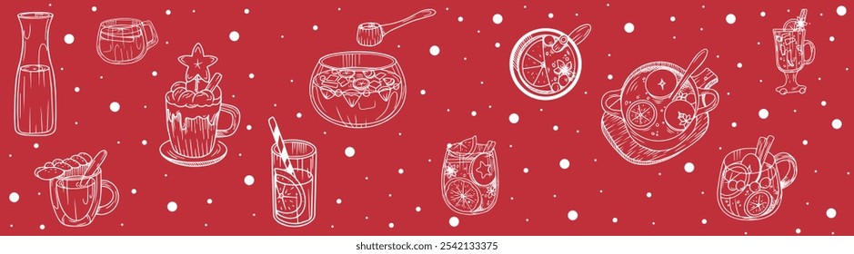 A charming illustration of cozy winter drinks on a red background, featuring mugs of hot cocoa, tea, spices, and festive treats. Perfect for seasonal designs, menus, or holiday promotions.