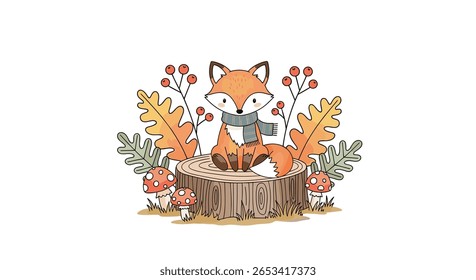 Charming illustration of a cute autumn fox sitting on a tree stump surrounded by fall foliage and berries