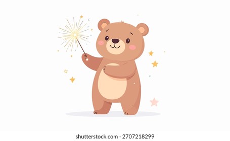 A charming illustration of a cute bear holding a sparkler, perfect for festive celebrations and joyful designs.