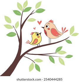 A charming illustration of a cute bird couple perched on a tree branch, nestled close together. The birds showcase soft, vibrant colors, surrounded by delicate leaves, capturing a heartwarming scene o