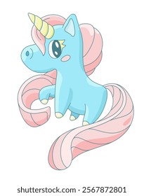 A charming illustration of a cute blue cartoon unicorn with a pink mane