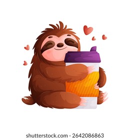 A charming illustration of a cute, brown cartoon sloth sitting and lovingly embracing a cup of coffee. Red hearts float around, indicating affection and joy.