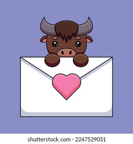 A charming illustration of a cute buffalo holding a love letter in its hooves, with a tender expression. Symbolizing the unexpected and unique side of love.