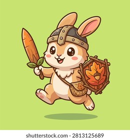 A charming illustration of a cute bunny dressed as a viking warrior, brandishing a wooden carrot sword and a nature-themed shield. The character features a detailed metal-style helmet and is jumping joyfully against a solid green background.