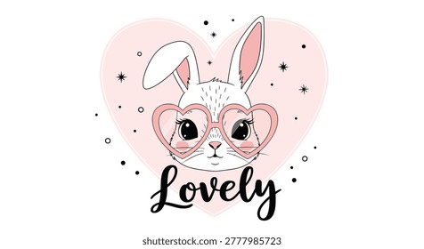 Charming illustration of a cute bunny head wearing heart shaped glasses inside a large pink heart frame background.