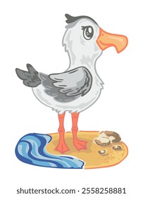 A charming illustration of a cute cartoon seagull standing on a sandy beach near the ocean waves. Perfect for summer designs, children’s books, and travel projects