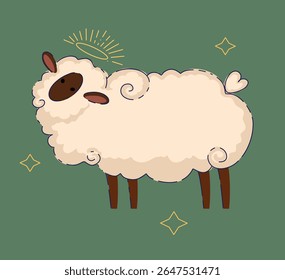 A charming illustration of a cute cartoon sheep with a halo and sparkling features for all ages