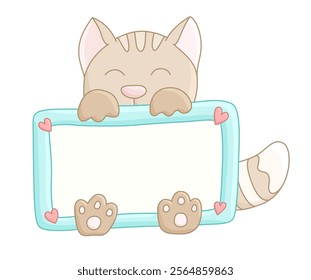 A charming illustration of a cute cat holding a blank frame. Perfect for banners, signs, and message boards