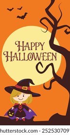 A charming illustration of a cute girl in a witch costume, perfect for Halloween-themed cards or flyers. Ideal for kids' events, parties, or seasonal promotions, this design adds playful magic to any 