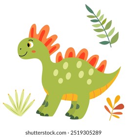 Charming illustration of a cute green baby dinosaur in a flat style. Friendly and playful design is ideal for children's books, t-shirt, nursery decor, greeting cards, party invitations