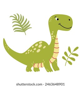 Encantadora ilustración de un lindo dinosaurio verde en un estilo de Vector plano. Diseño agradable y juguetón es ideal para libros para niños, camiseta, decoración de guardería, tarjetas de felicitación, invitaciones a fiestas