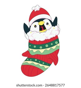 Charming illustration of a cute penguin inside a Christmas stocking, ideal for holiday greeting cards, gift tags, posters, and festive decorations. Perfect to bring joyful spirit to seasonal designs