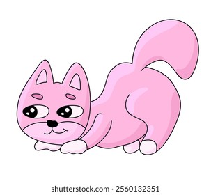 A charming illustration of a cute pink cartoon cat, crouching and playful