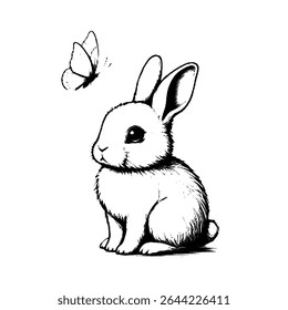 Uma ilustração encantadora de um coelho bonito sentado pacificamente, com uma borboleta delicada nas proximidades. 