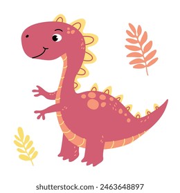 Charming illustration of a cute red dinosaur in a flat vector style. Friendly and playful design is ideal for children's books, t-shirt, nursery decor, greeting cards, party invitations