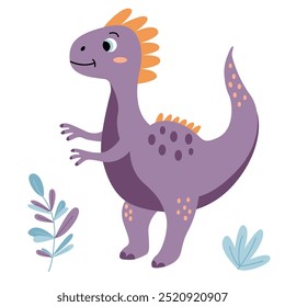 Charming illustration of a cute smiling violet dinosaur  in a flat vector style. Friendly and playful design is ideal for children's books, t-shirt, nursery decor, greeting cards, party invitations