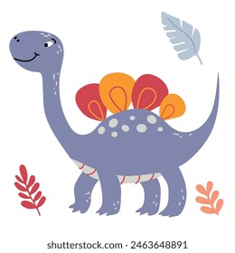 Encantadora ilustración de un lindo dinosaurio violeta en un estilo de Vector plano. Diseño agradable y juguetón es ideal para libros para niños, camiseta, decoración de guardería, tarjetas de felicitación, invitaciones a fiestas