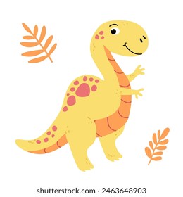 Charming illustration of a cute yellow dinosaur in a flat vector style. Friendly and playful design is ideal for children's books, t-shirt, nursery decor, greeting cards, party invitations