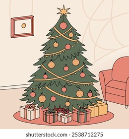 A charming illustration of a decorated Christmas tree, complete with ornaments, lights, and presents, perfect for adding a touch of festive cheer to your designs.