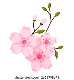 A charming illustration of a delicate cluster of pink cherry blossoms or sakura, complete with unopened buds and fresh green leaves on a graceful brown branch. This beautiful floral element captures t